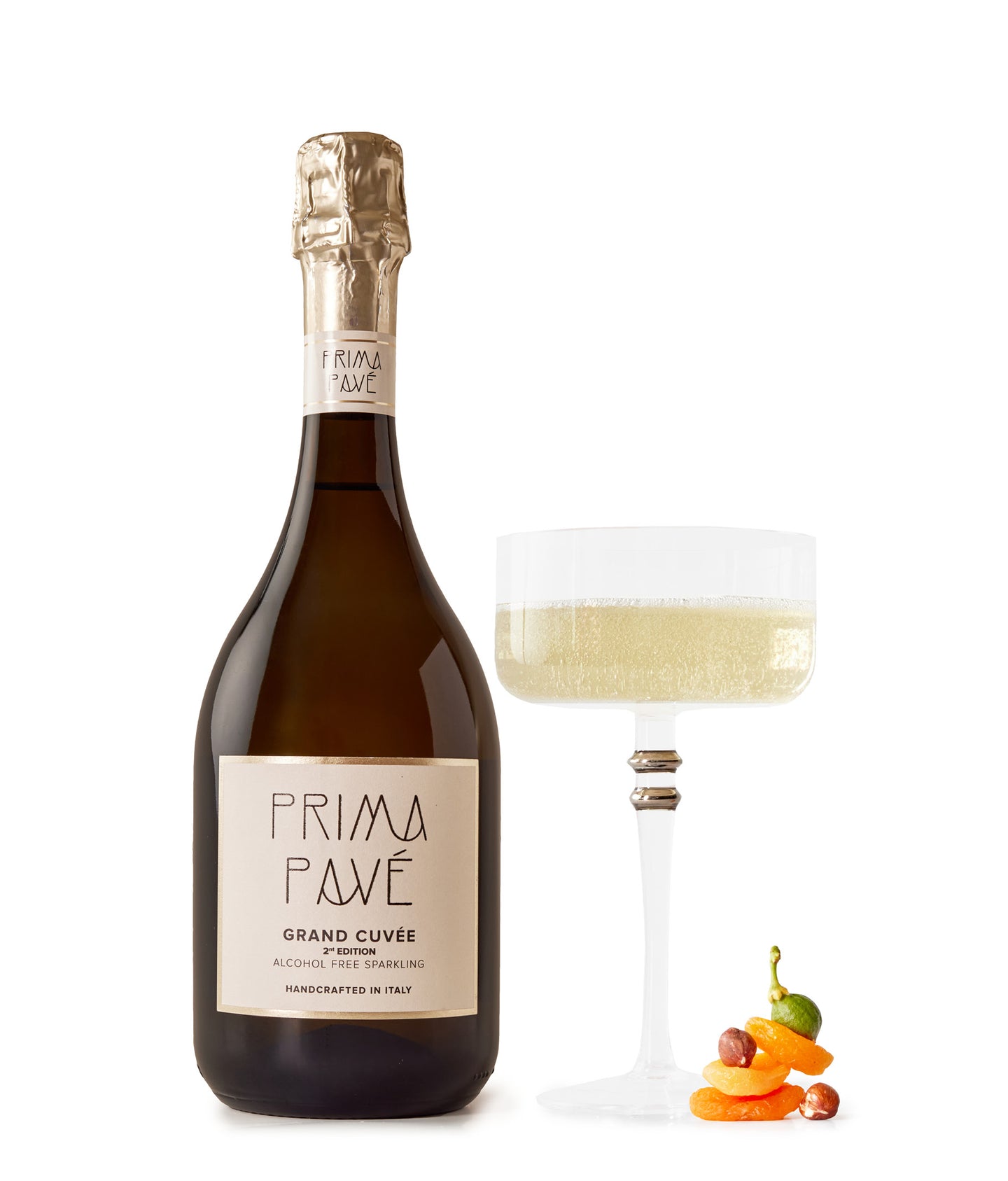 Prima Pave - Grand Cuvee Second Edition - Non-Alcoholic Sparkling Wine with glass and fruit