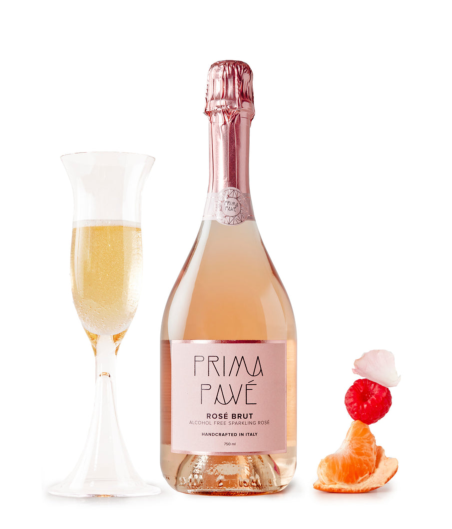 Prima Pave - Rose Brut - Alcohol Free Sparkling Wine with glass and fruit